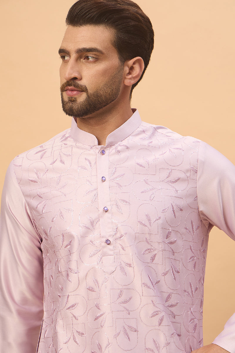 Lavender Silk Blend Solid Embroidered Straight Kurta With Pant Set MKSET1447