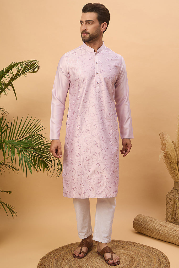 Lavender Silk Blend Solid Embroidered Straight Kurta MKU1447