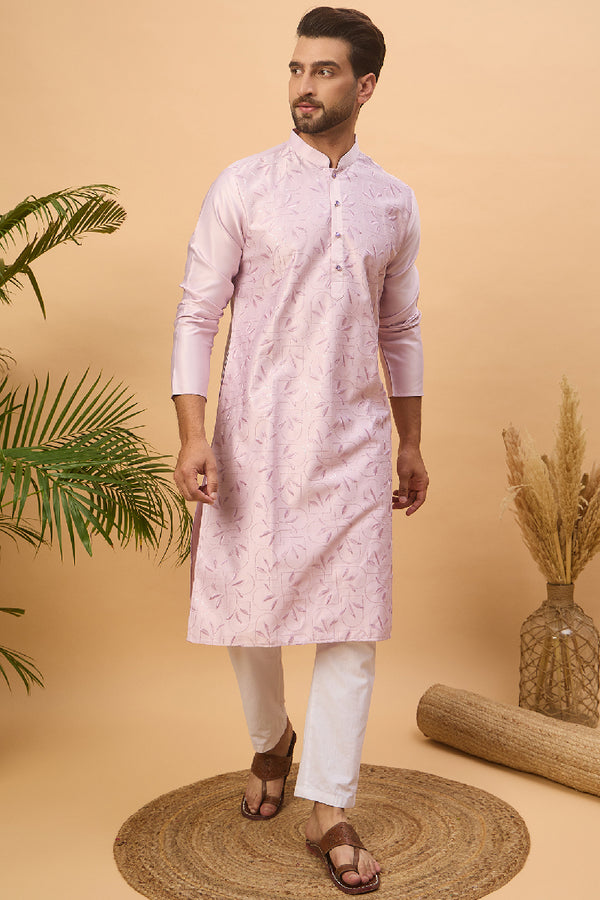Lavender Silk Blend Solid Embroidered Straight Kurta With Pant Set MKSET1447