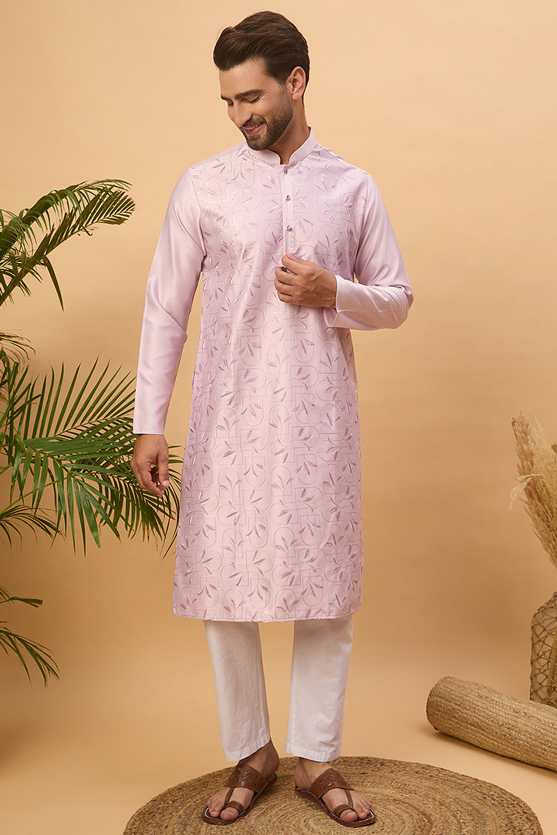 Lavender Silk Blend Solid Embroidered Straight Kurta MKU1447