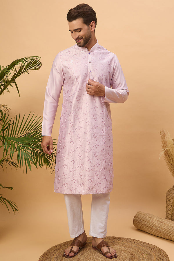Lavender Silk Blend Solid Embroidered Straight Kurta MKU1447