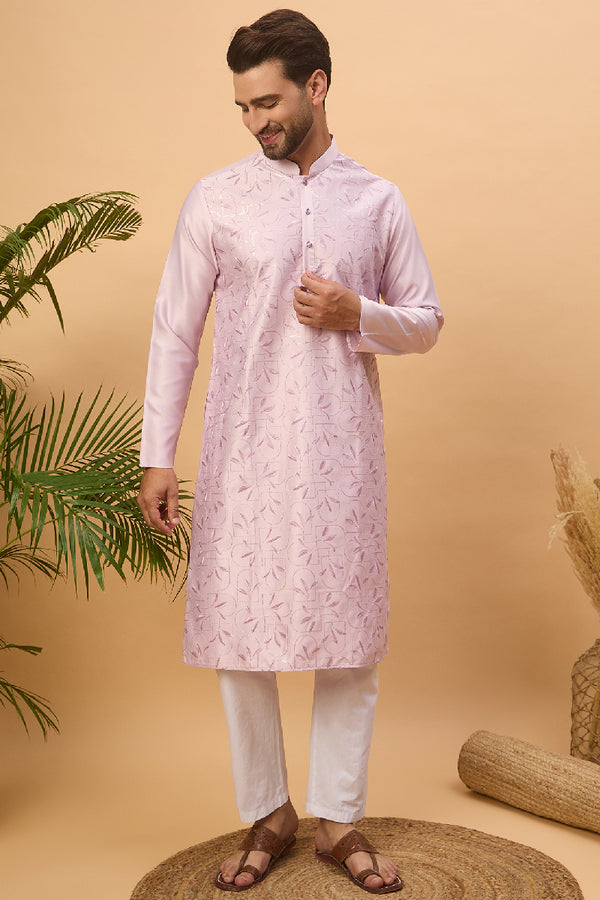Lavender Silk Blend Solid Embroidered Straight Kurta With Pant Set MKSET1447