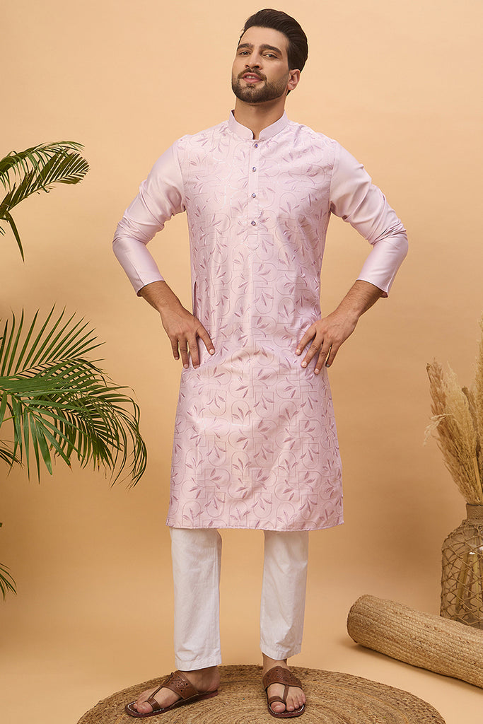 Lavender Silk Blend Solid Embroidered Straight Kurta MKU1447