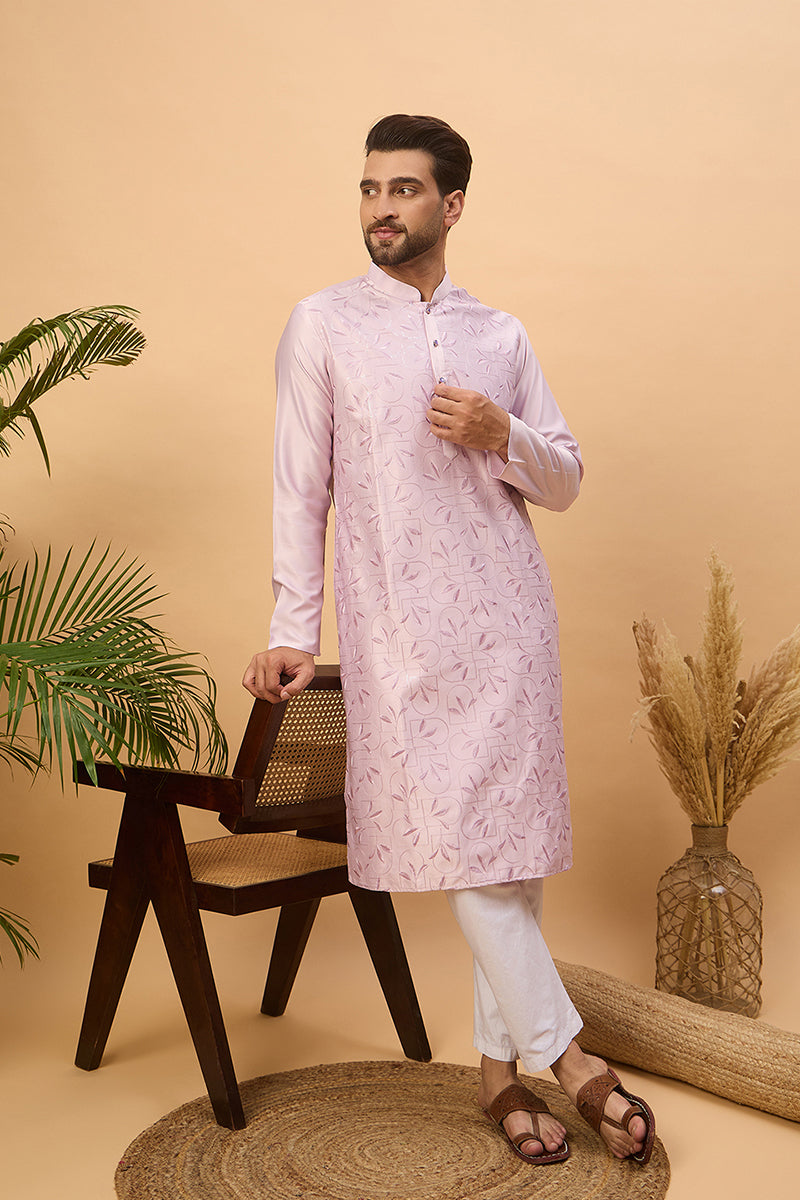 Lavender Silk Blend Solid Embroidered Straight Kurta MKU1447