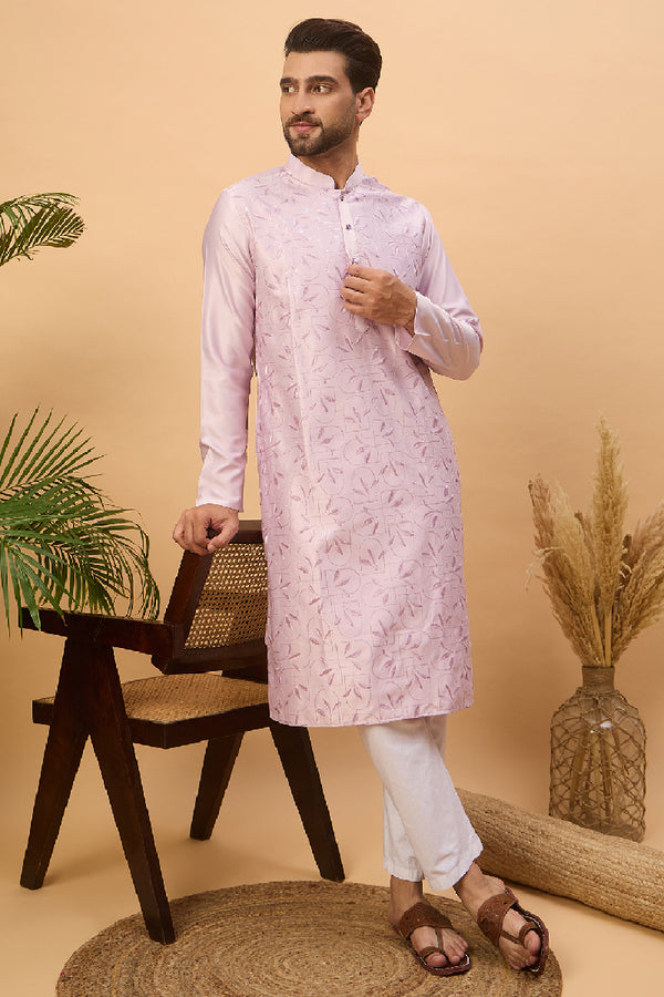 Lavender Silk Blend Solid Embroidered Straight Kurta With Pant Set MKSET1447