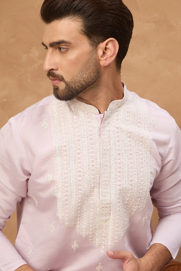 Lavender Silk Blend Solid Embroidered Straight Kurta With Pant Set MKSET1448