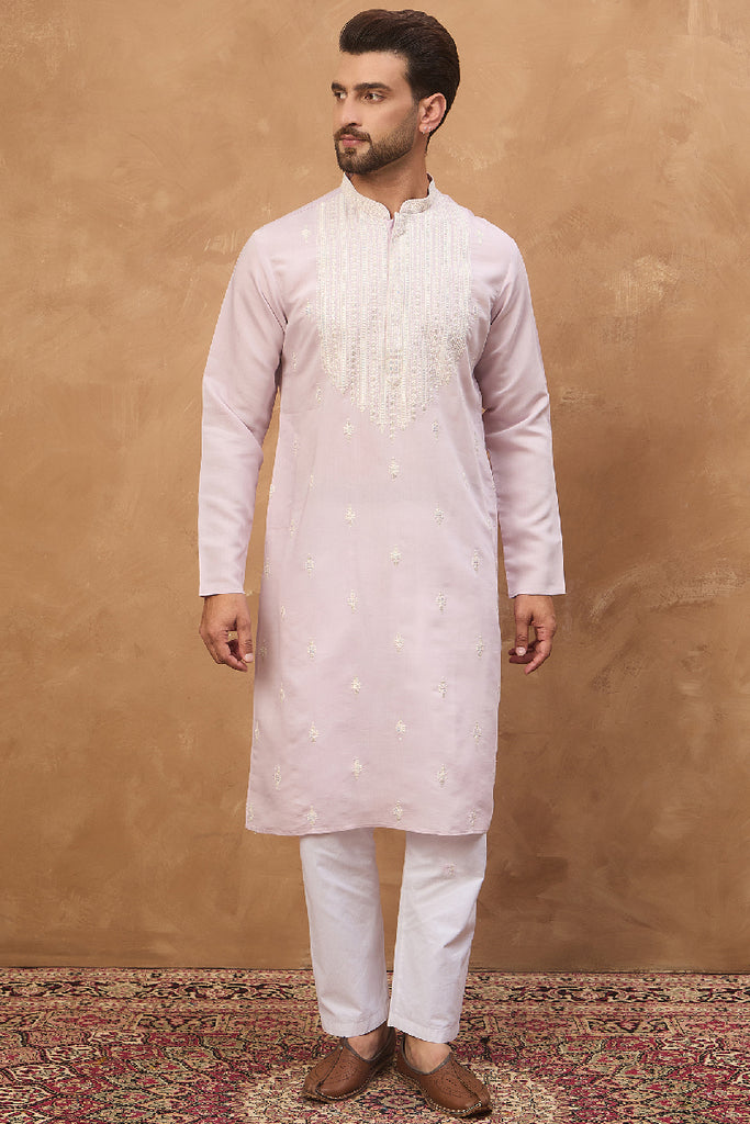 Lavender Silk Blend Solid Embroidered Straight Kurta With Pant Set MKSET1448