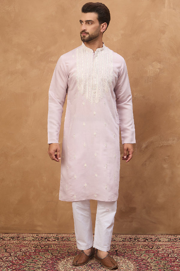 Lavender Silk Blend Solid Embroidered Straight Kurta With Pant Set MKSET1448