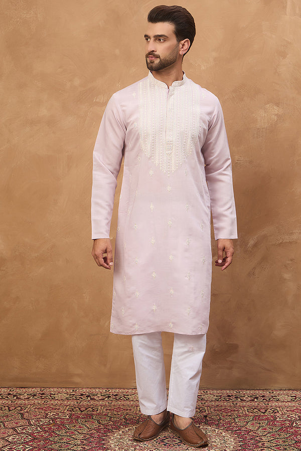 Lavender Silk Blend Solid Embroidered Straight Kurta MKU1448
