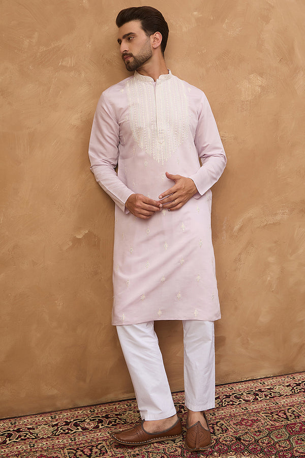 Lavender Silk Blend Solid Embroidered Straight Kurta MKU1448