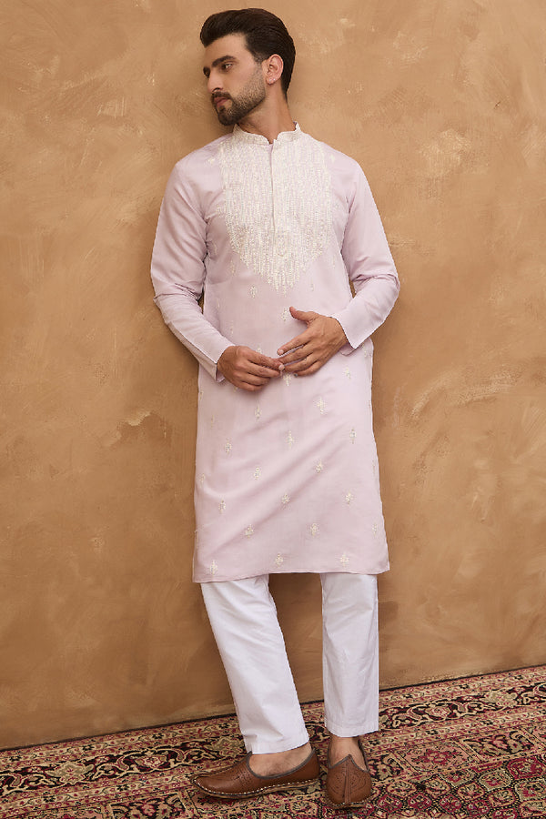 Lavender Silk Blend Solid Embroidered Straight Kurta With Pant Set MKSET1448