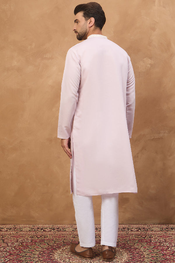 Lavender Silk Blend Solid Embroidered Straight Kurta With Pant Set MKSET1448