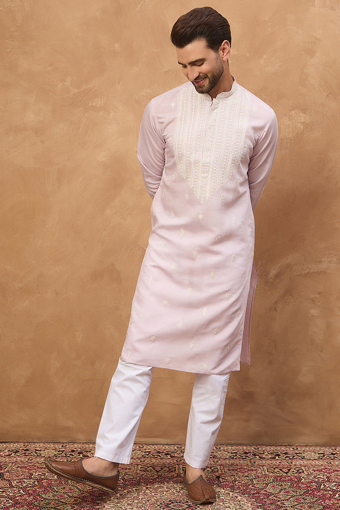 Lavender Silk Blend Solid Embroidered Straight Kurta MKU1448