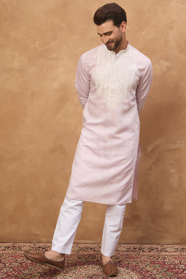 Lavender Silk Blend Solid Embroidered Straight Kurta With Pant Set MKSET1448