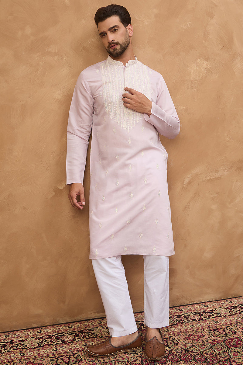 Lavender Silk Blend Solid Embroidered Straight Kurta MKU1448