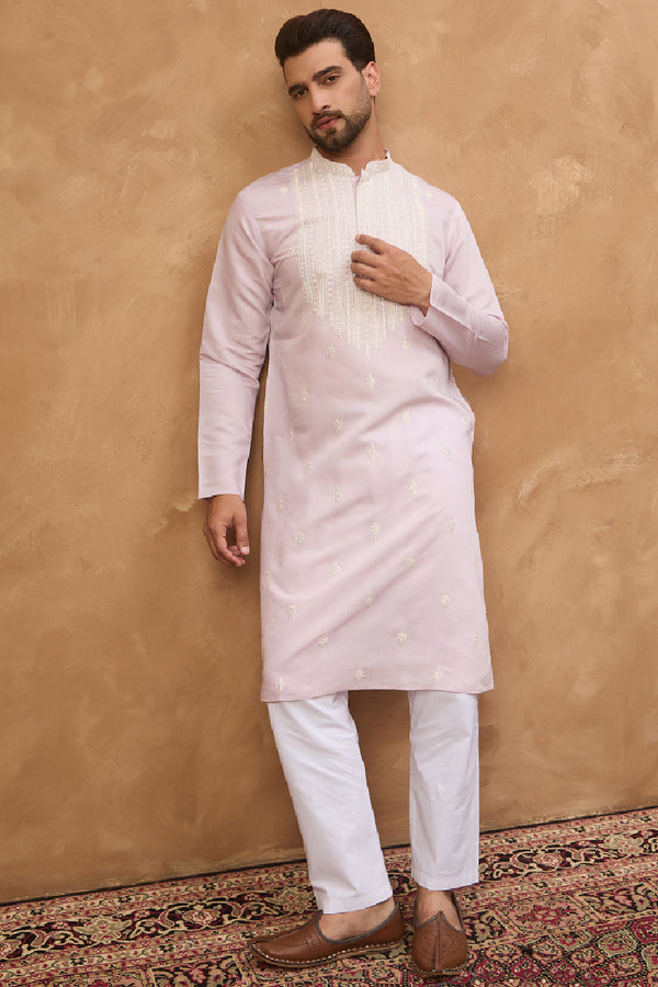 Lavender Silk Blend Solid Embroidered Straight Kurta With Pant Set MKSET1448