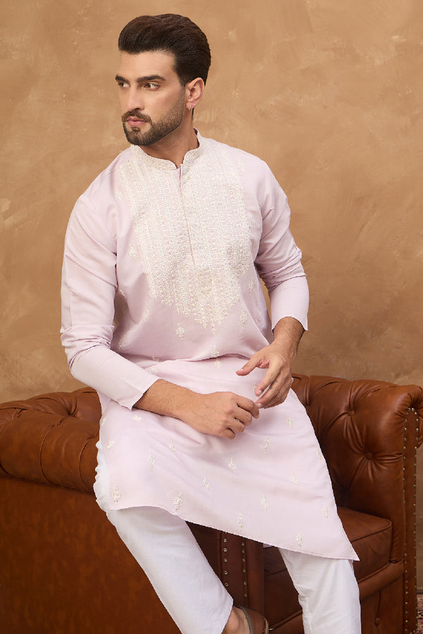 Lavender Silk Blend Solid Embroidered Straight Kurta With Pant Set MKSET1448