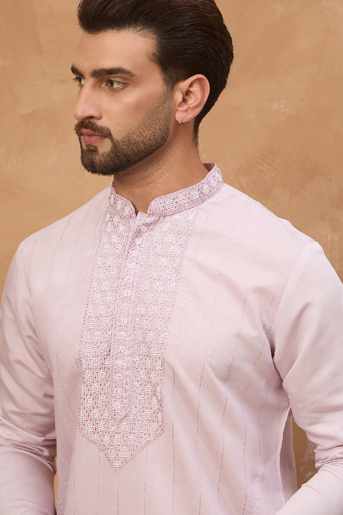 Lavender Silk Blend Solid Embroidered Straight Kurta With Pant Set MKSET1449