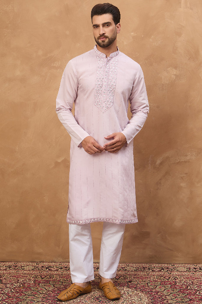 Lavender Silk Blend Solid Embroidered Straight Kurta With Pant Set MKSET1449
