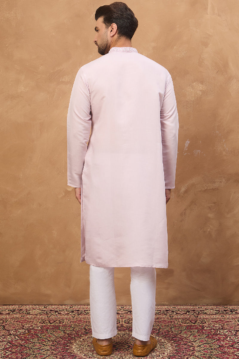 Lavender Silk Blend Solid Embroidered Straight Kurta With Pant Set MKSET1449