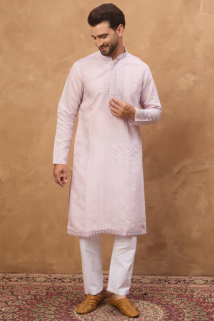 Lavender Silk Blend Solid Embroidered Straight Kurta MKU1449