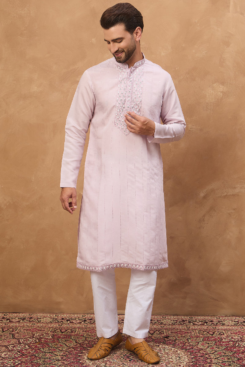 Lavender Silk Blend Solid Embroidered Straight Kurta With Pant Set MKSET1449