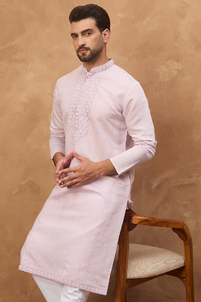 Lavender Silk Blend Solid Embroidered Straight Kurta With Pant Set MKSET1449