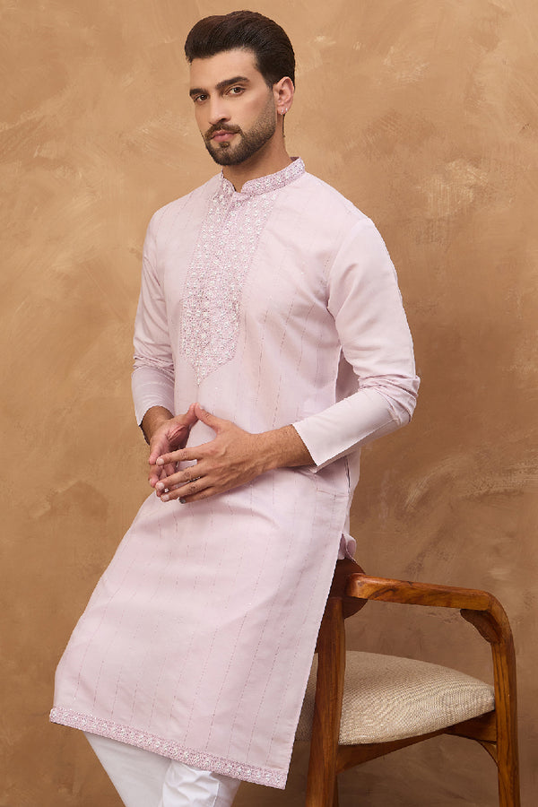 Lavender Silk Blend Solid Embroidered Straight Kurta With Pant Set MKSET1449