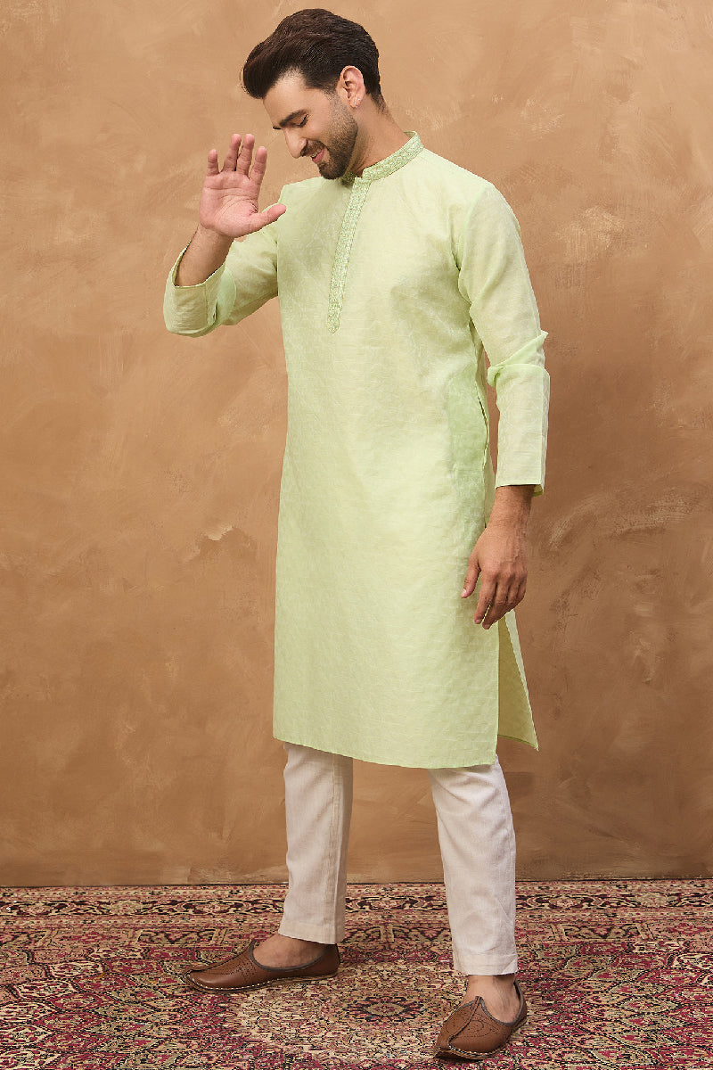 Green Silk Blend Solid Embroidered Straight Kurta With Pant Set MKSET1451