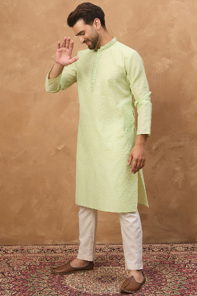 Green Silk Blend Solid Embroidered Straight Kurta With Pant Set MKSET1451