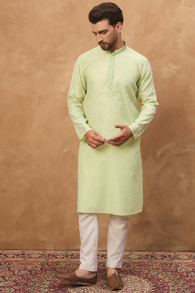 Green Silk Blend Solid Embroidered Straight Kurta With Pant Set MKSET1451