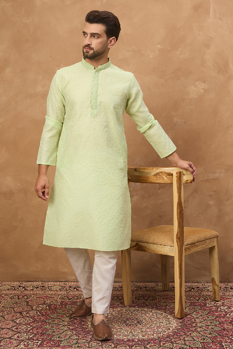 Green Silk Blend Solid Embroidered Straight Kurta With Pant Set MKSET1451