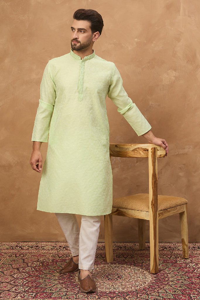 Green Silk Blend Solid Embroidered Straight Kurta With Pant Set MKSET1451