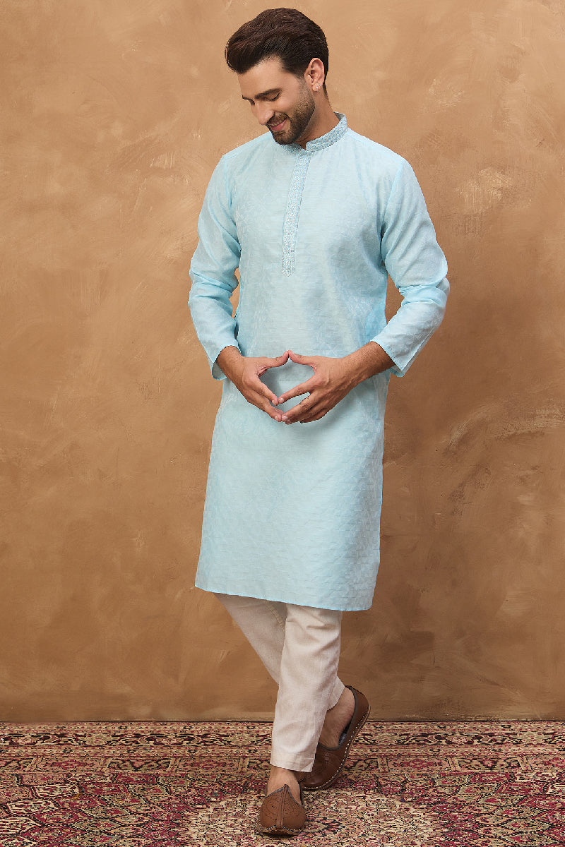 Blue Silk Blend Solid Embroidered Straight Kurta With Pant Set MKSET1452