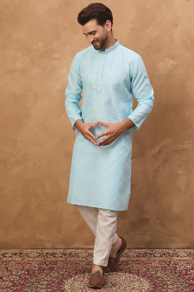 Blue Silk Blend Solid Embroidered Straight Kurta With Pant Set MKSET1452