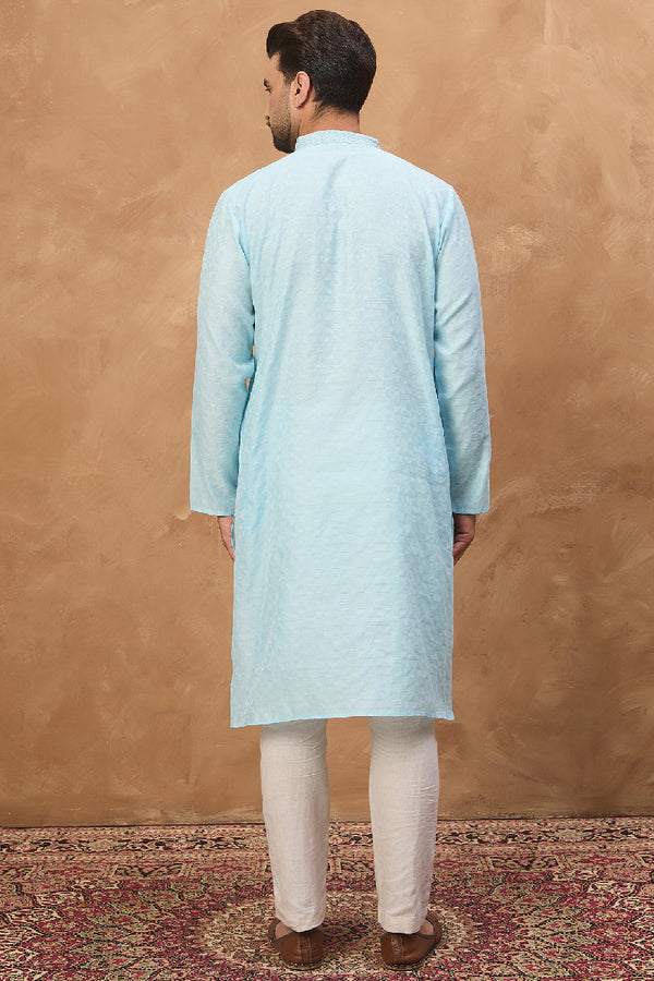 Blue Silk Blend Solid Embroidered Straight Kurta With Pant Set MKSET1452