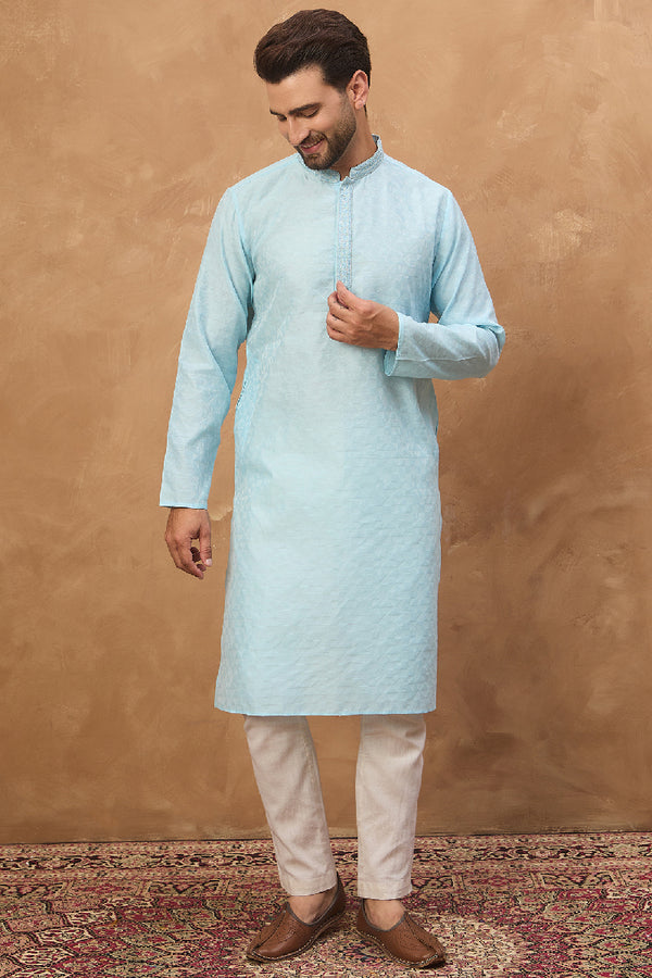 Blue Silk Blend Solid Embroidered Straight Kurta With Pant Set MKSET1452