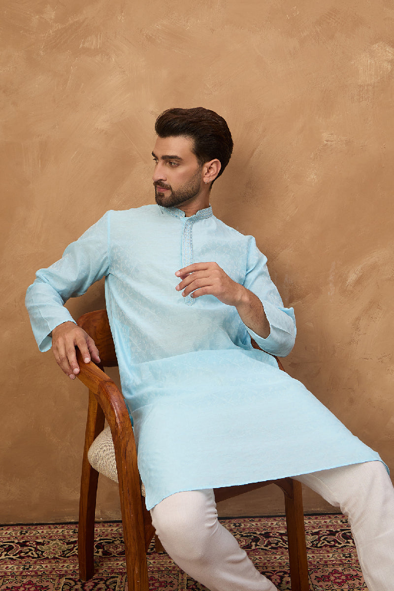 Blue Silk Blend Solid Embroidered Straight Kurta With Pant Set MKSET1452