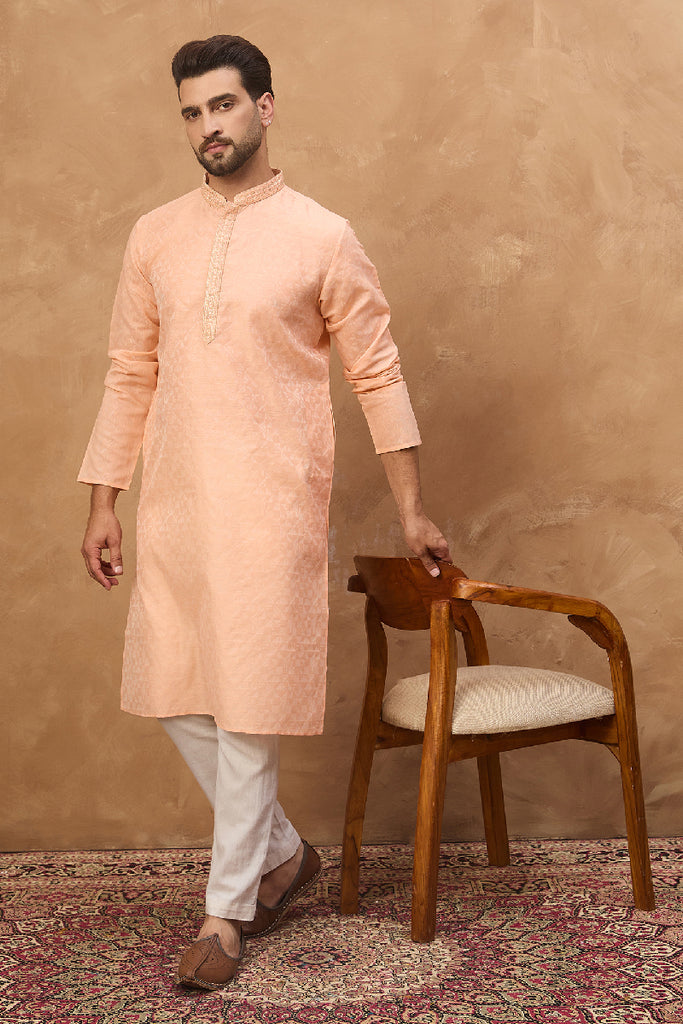 Peach Silk Blend Solid Embroidered Straight Kurta MKU1453