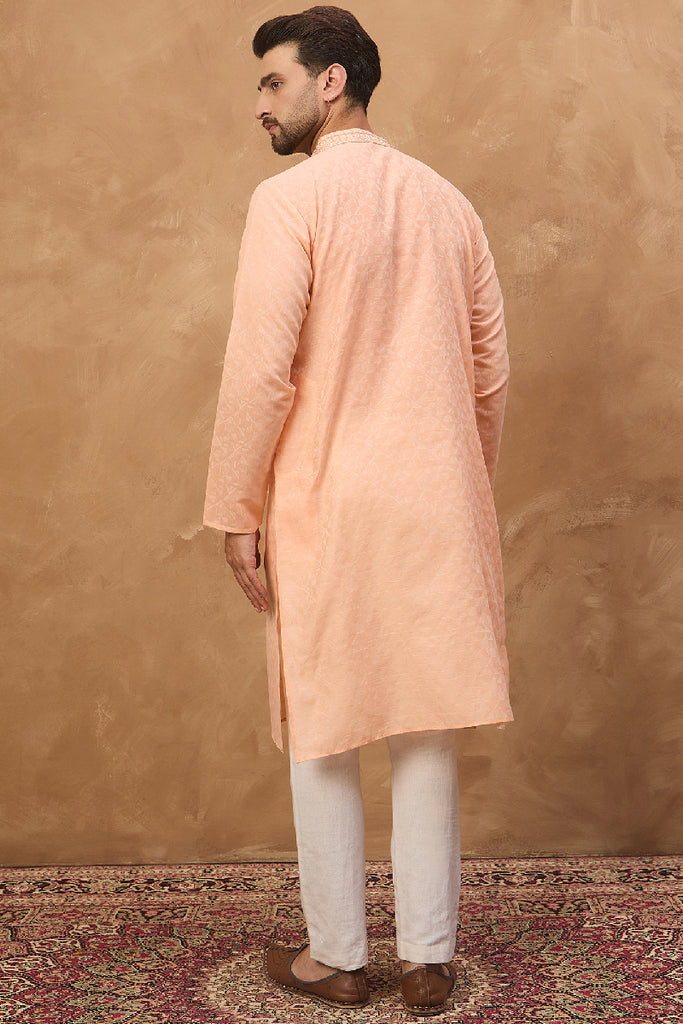 Peach Silk Blend Solid Embroidered Straight Kurta MKU1453