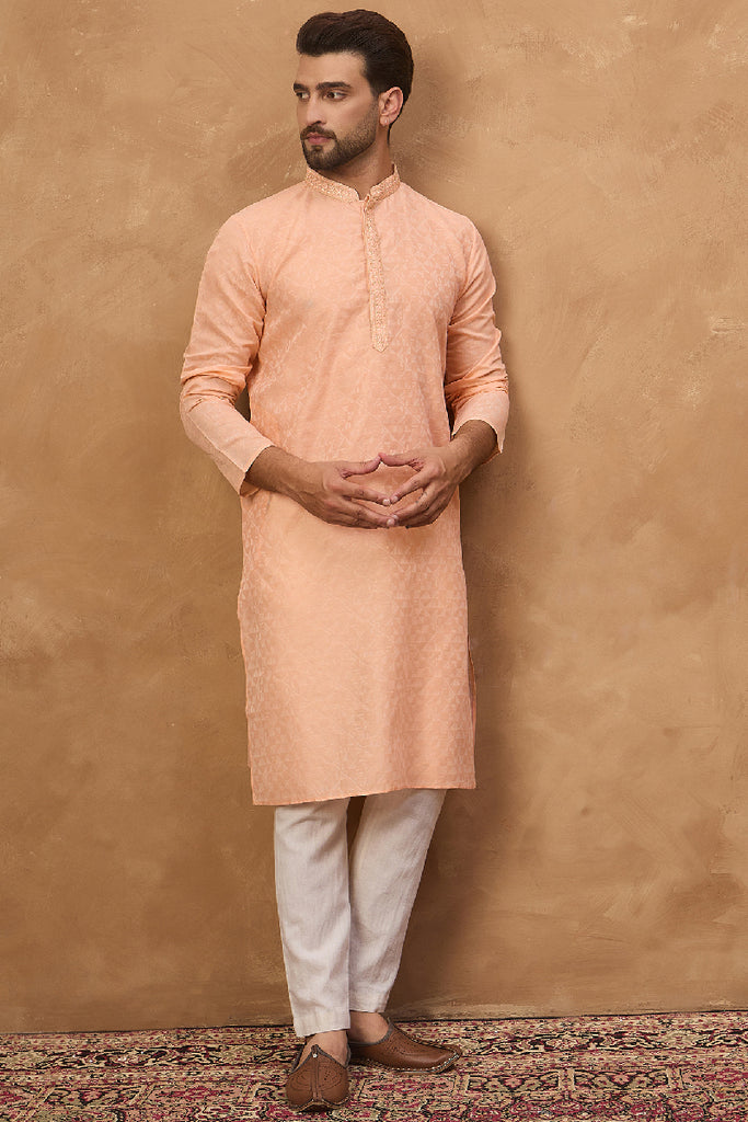 Peach Silk Blend Solid Embroidered Straight Kurta MKU1453