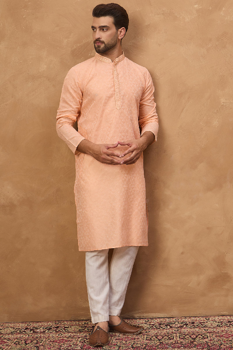 Peach Silk Blend Solid Embroidered Straight Kurta With Pant Set MKSET1453