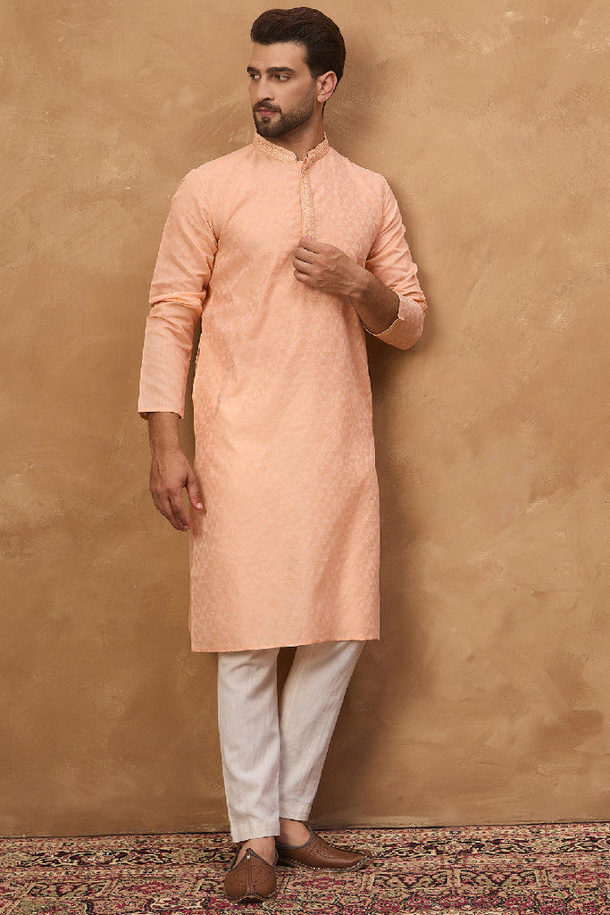 Peach Silk Blend Solid Embroidered Straight Kurta With Pant Set MKSET1453