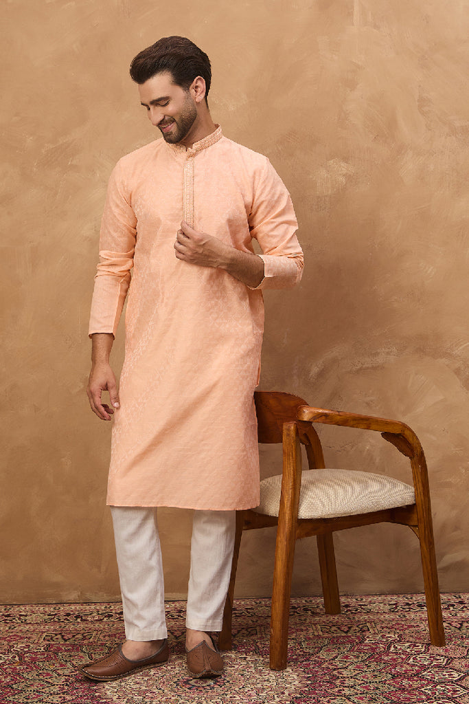 Peach Silk Blend Solid Embroidered Straight Kurta With Pant Set MKSET1453