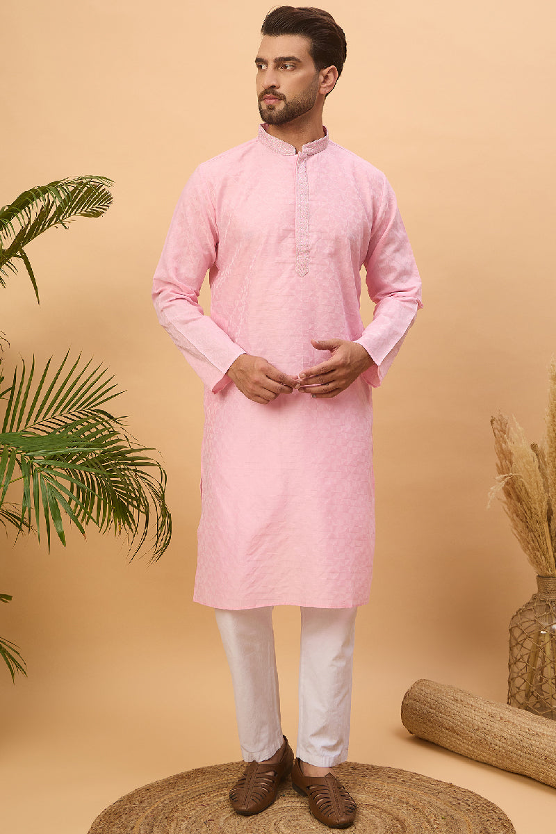 Pink Silk Blend Solid Embroidered Straight Kurta With Pant Set MKSET1454