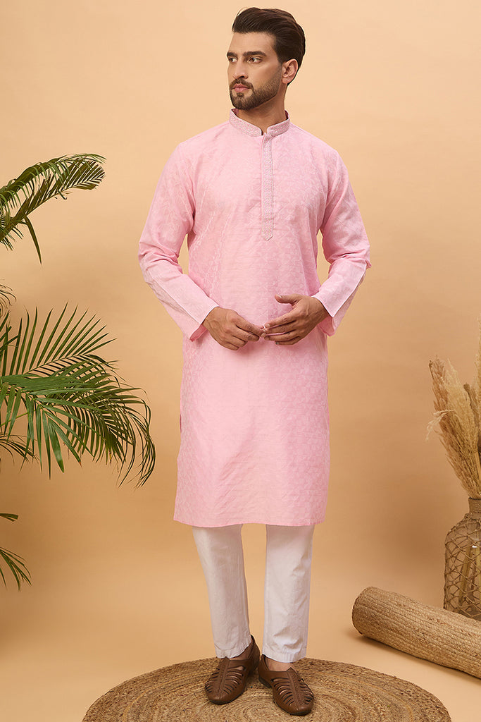 Pink Silk Blend Solid Embroidered Straight Kurta MKU1454