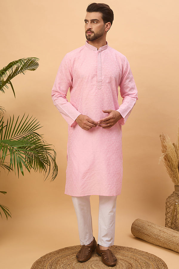 Pink Silk Blend Solid Embroidered Straight Kurta MKU1454