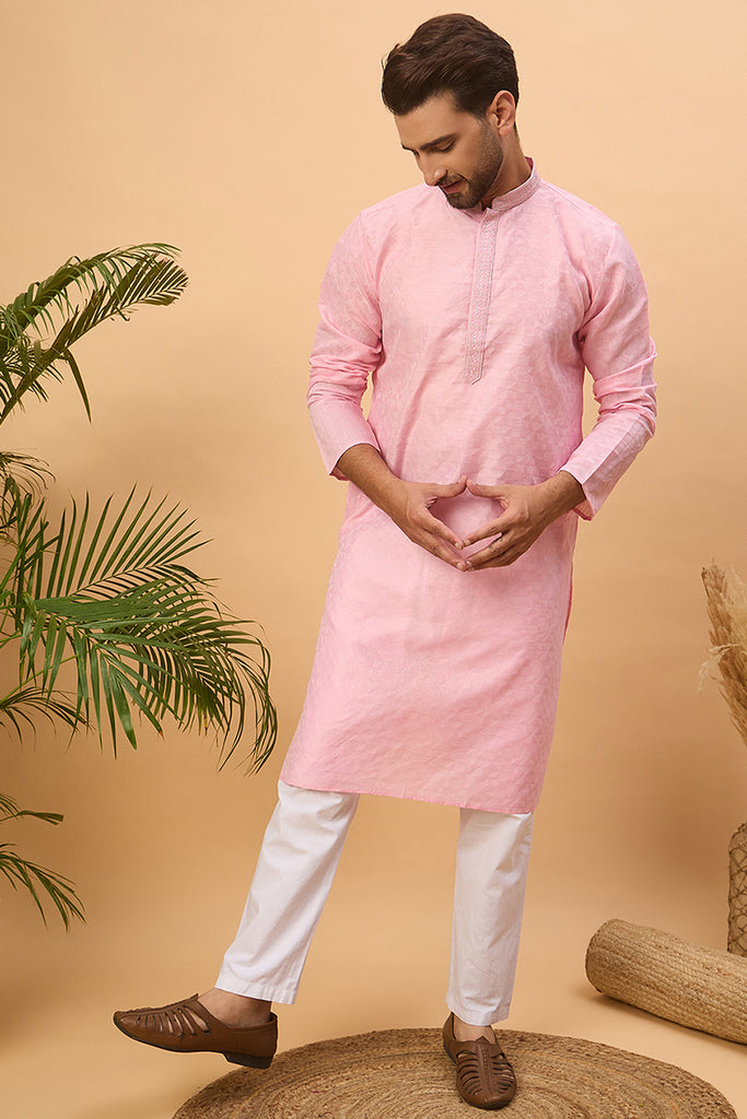 Pink Silk Blend Solid Embroidered Straight Kurta MKU1454