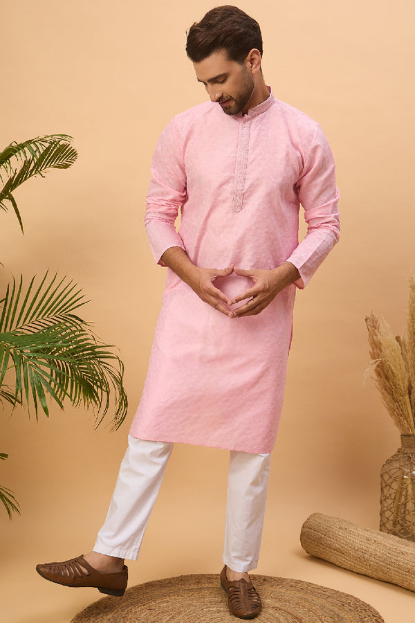 Pink Silk Blend Solid Embroidered Straight Kurta With Pant Set MKSET1454
