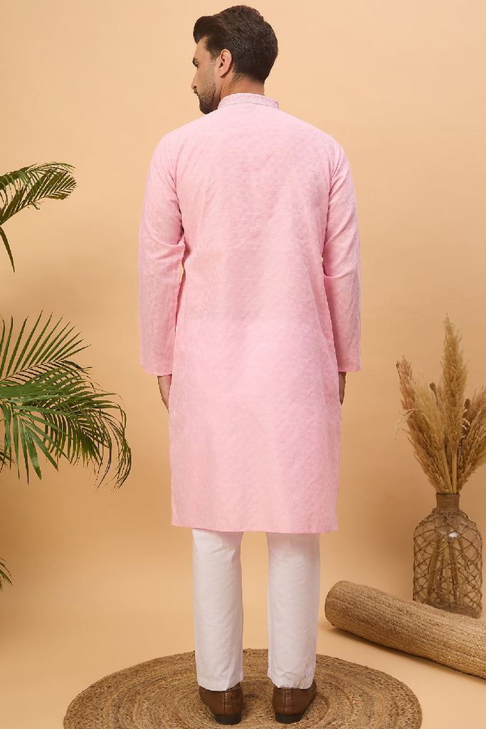 Pink Silk Blend Solid Embroidered Straight Kurta With Pant Set MKSET1454